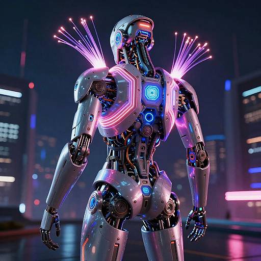 Neon-lit, futuristic robot with glowing blue and pink accents, standing in a cityscape at night. Bright laser-like lights emanate from its
