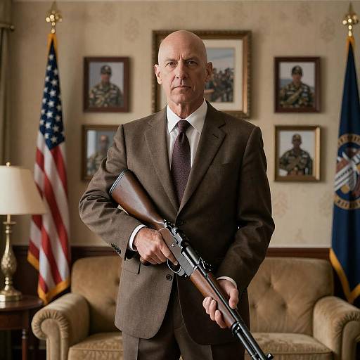Middle-aged Man Holding Rifle in Formal Room