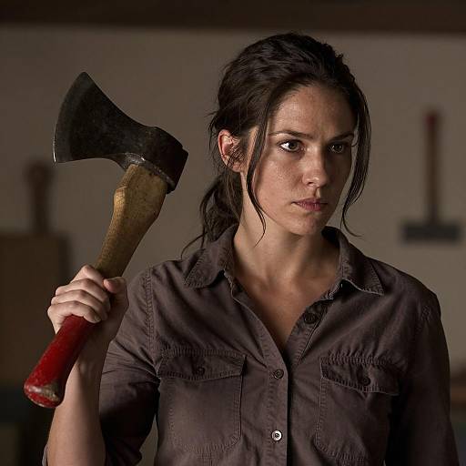 Focused Woman with Axe in Dim Light
