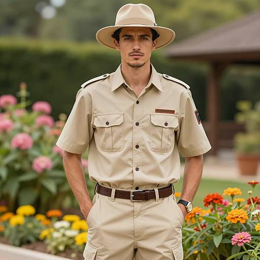 Man in Beige Safari Outfit in Garden