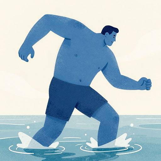 Digital illustration of a muscular, blue-toned, shirtless man with short dark hair, wearing black shorts, running through shallow water with splashes.