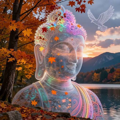 Photograph of a glowing, colorful Buddha statue with autumn leaves, surrounded by trees and a lake at sunset, with a white bird silhouette in the sky