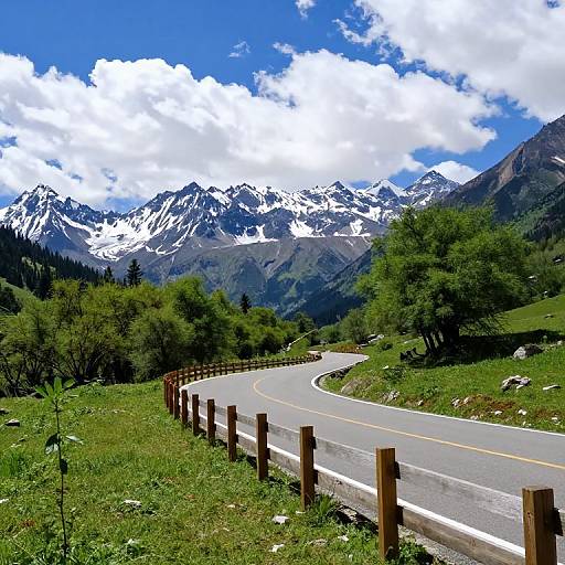 Photograph of a winding mountain road with wooden guardrails, surrounded by lush green grass, trees, and snow-capped mountains under a vibrant blue sky