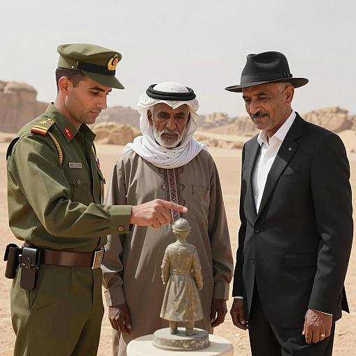 Three Men Discovering a Statue in Desert