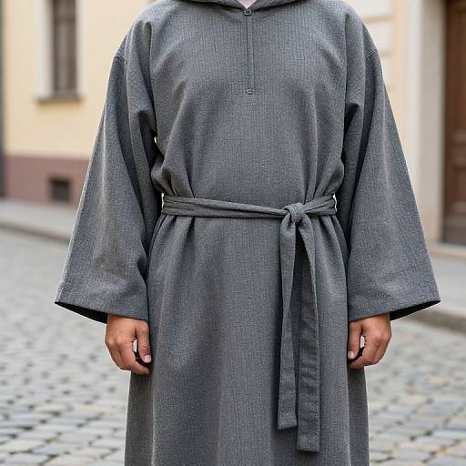 Photograph of a person wearing a loose, gray, long-sleeved robe with a tied waist, standing on a cobblestone street. Background