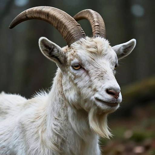 Photograph of a white goat with curved, brown horns, soft white fur, and alert, dark eyes, set against a blurred forest background.