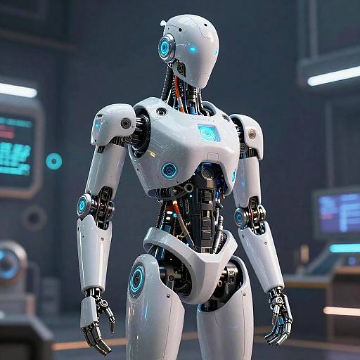 Photorealistic CGI of a white, futuristic humanoid robot with blue glowing accents standing in a high-tech, dimly lit control room.