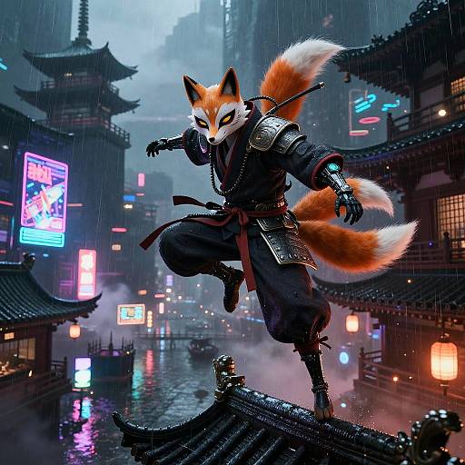 Vaulting Neon Kitsune Street-Samurai Chase