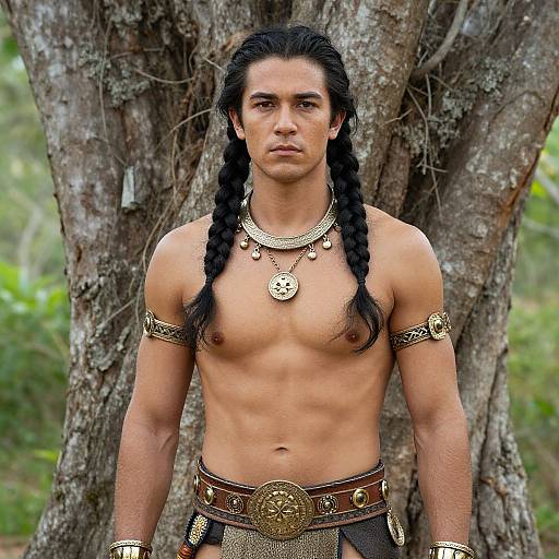 Photograph of a muscular, shirtless man with long black braids, wearing gold jewelry and a decorative belt, standing in front of a large tree