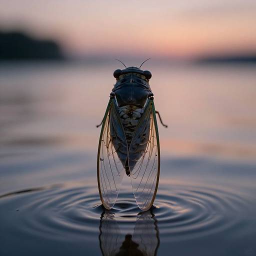 Photograph of a mosquito standing on water, ripples forming around it, against a pink-orange sunset sky. Reflection visible below.