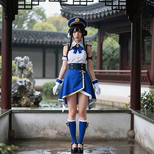 Photograph of an Asian woman in a blue and white military-inspired cosplay outfit, standing in a traditional Chinese courtyard with tiled roofs and stone lantern.