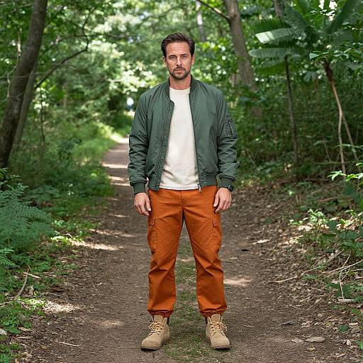 Photograph of a bearded man with short brown hair, wearing a green jacket, white shirt, orange pants, and tan boots, standing on a