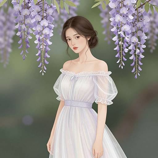 Digital illustration of a fair-skinned woman with dark hair, wearing an off-shoulder white dress, surrounded by purple wisteria flowers.
