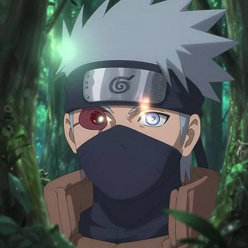 Anime-style digital illustration of a ninja with silver spiky hair, red and blue heterochromatic eyes, black headband, and mask, in a