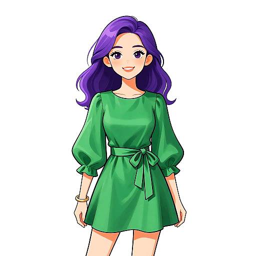 Digital anime-style drawing of a smiling woman with purple hair, wearing a green dress with puffed sleeves and a tied waist.