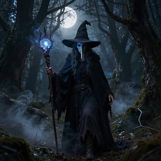 Mysterious wizard in dark, tattered robes and pointed hat holds glowing blue staff, standing in misty, moonlit forest. Digital art.