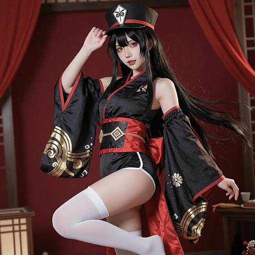 Anime Cosplayer in Black Kimono