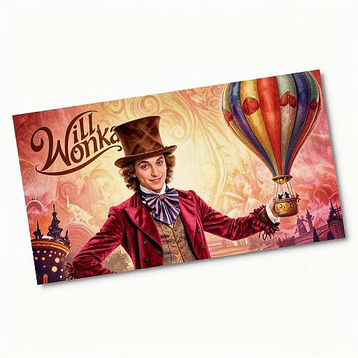 Digital illustration of a Victorian-era man in a red coat, top hat, and striped bowtie holding a colorful hot air balloon, set against a swirling