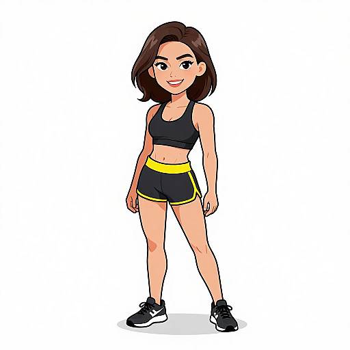 Cartoon-style illustration of a smiling young woman with medium-length brown hair, wearing a black sports bra, yellow-trimmed black shorts, and black