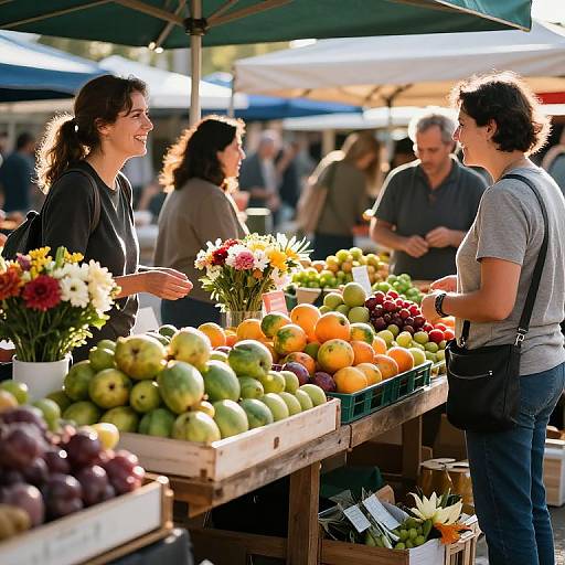 Photograph of two women laughing at a vibrant outdoor market stall with colorful fruits, flowers, and greenery, under sunlit tents.