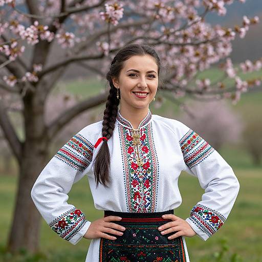 Photograph of a smiling woman with dark hair in a braid, wearing a traditional white embroidered blouse and black skirt, standing in front of a blo