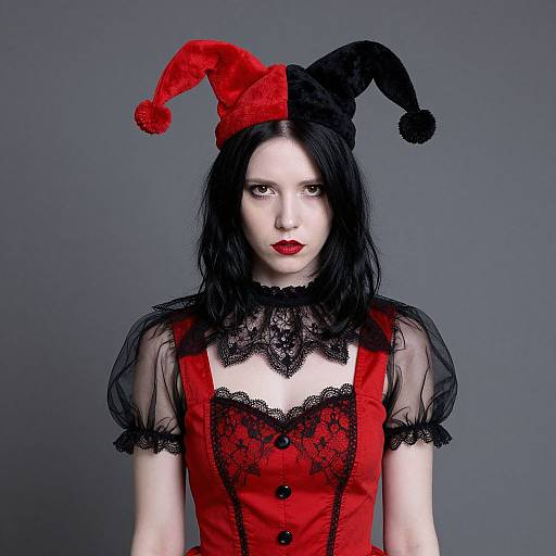 Photograph of pale-skinned woman with black hair, red and black jester hat, red lace-trimmed black and red dress, and red