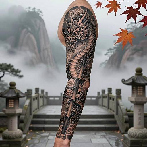 Fearless Dragon Tattoo with Mountain Temple