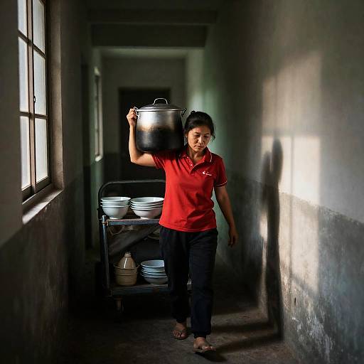 Focused Woman with Pot in Narrow Corridor