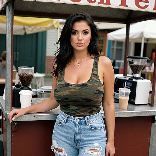 Photograph of a curvy woman with long black hair, wearing a camo tank top and ripped jeans, standing at a coffee shop counter with drinks