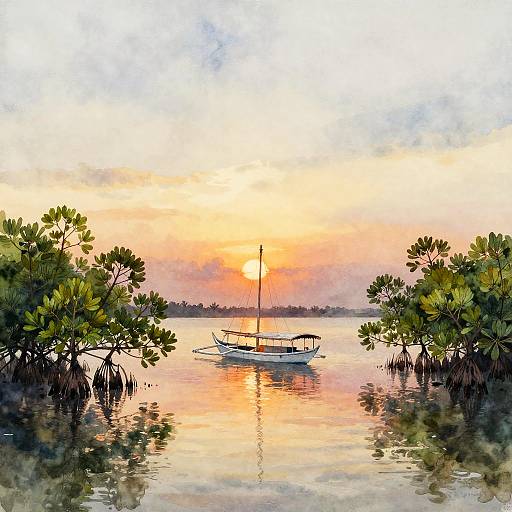 Ethereal Botanical Watercolor: Dhow at Sunset