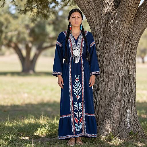 Photograph of a young woman with long braided hair, wearing a dark blue traditional dress with white, red, and green embroidery, standing against a