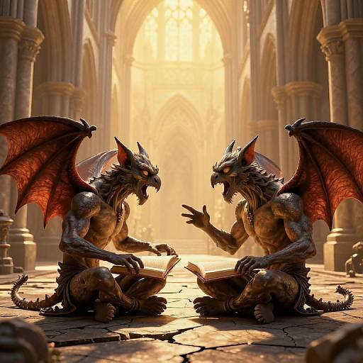Digital artwork of two muscular, red-winged, dragon-like creatures with sharp claws and teeth, sitting in a sunlit, grand cathedral, engaged in