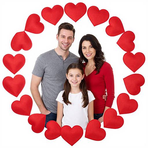 Photograph of a smiling family of three—father in gray, mother in red, daughter in white—surrounded by red heart shapes.