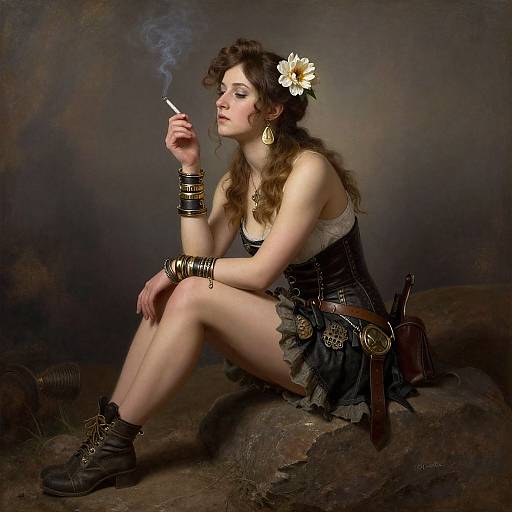 Photograph of a fair-skinned woman with wavy brown hair, wearing a white flower, black corset, and boots, smoking a cigarette,