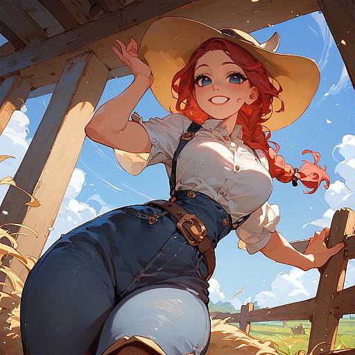 Digital anime-style drawing of a smiling, red-haired woman in a white shirt, blue overalls, and straw hat, standing in a sunlit barn