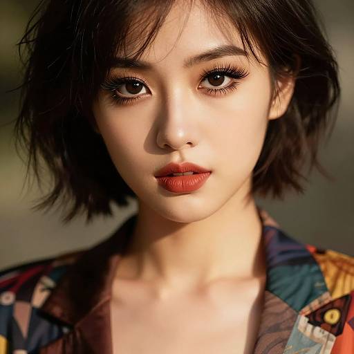 Photorealistic portrait of an Asian woman with short black hair, large brown eyes, and red lipstick, wearing a colorful patterned shirt, illuminated by