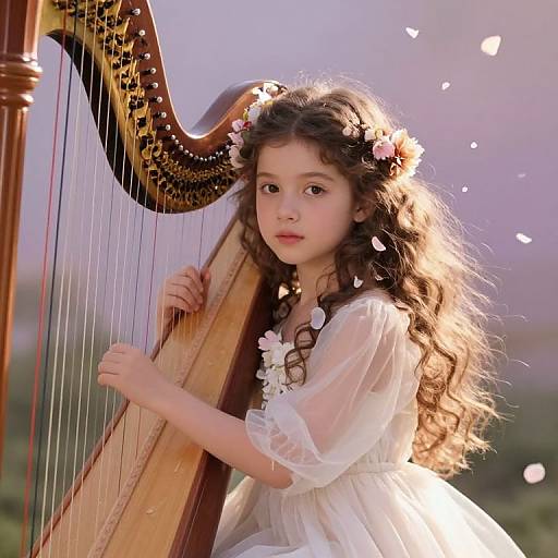 Ethereal Girl with Harp and Petals