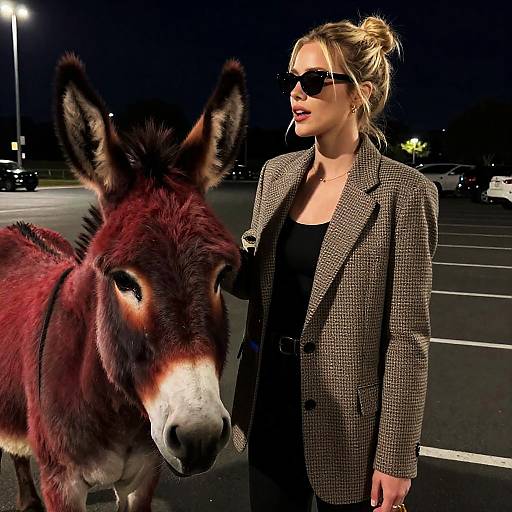 Blonde Woman with Donkey in Parking Lot