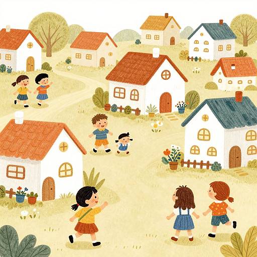 Colorful children's illustration of playful kids in bright clothes running between charming, red-roofed, white houses with gardens in a sunny village.