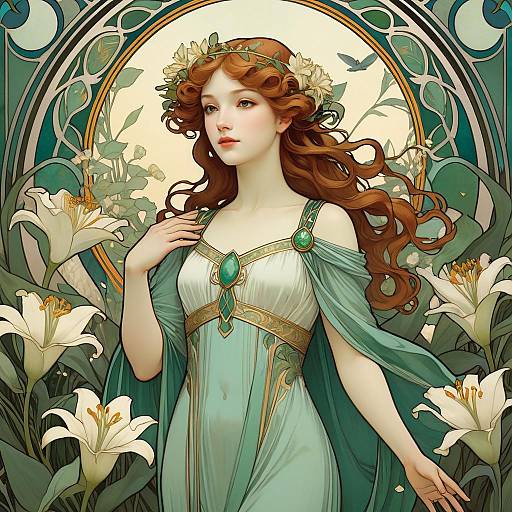 Art Nouveau Woman with Lilies and Hummingbirds