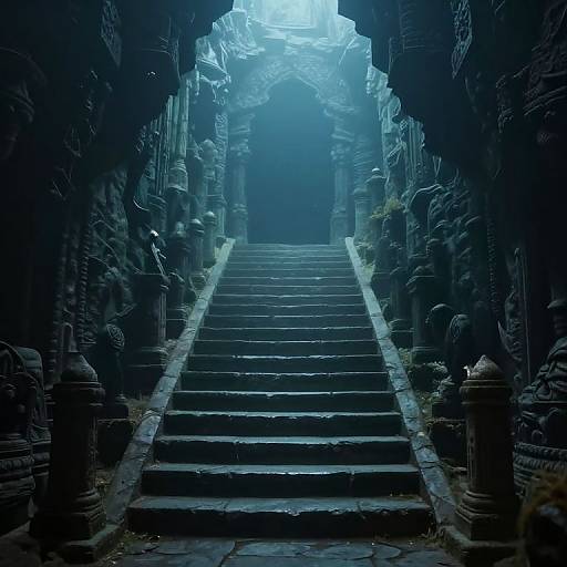 Photograph of a misty, ancient stone staircase flanked by intricate, carved temple walls, leading to an illuminated, foggy archway.