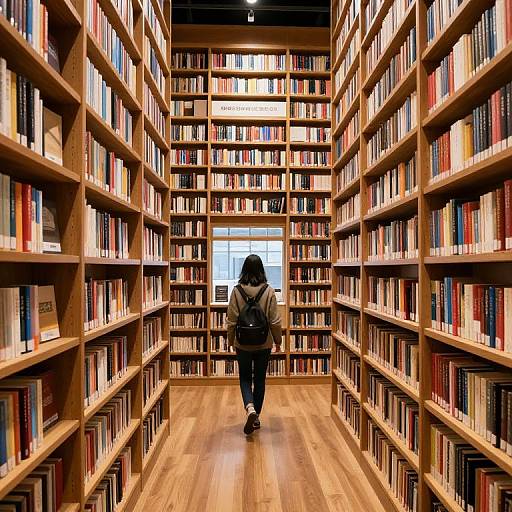 Photograph of a person with black backpack, walking down a narrow aisle between tall wooden bookshelves filled with colorful books, towards a brightly lit window