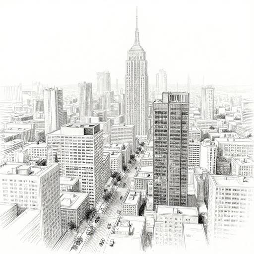 Black-and-white line drawing of a dense urban cityscape with tall skyscrapers, including a prominent central tower, surrounded by numerous buildings and tree-lined