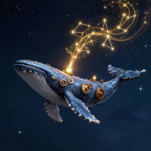 Digital artwork of a blue whale adorned with golden gears and constellations, emitting glowing star trails against a dark, starry sky.
