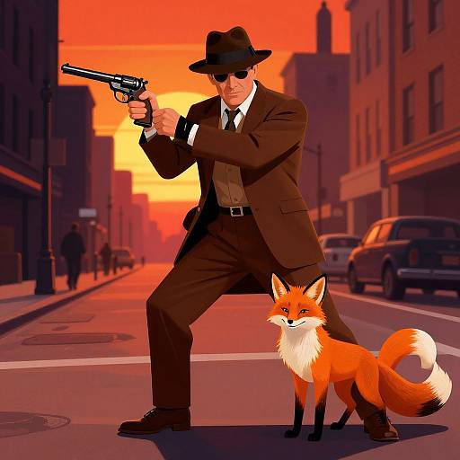 Digital illustration of a man in a brown suit, fedora, and sunglasses, aiming a gun at a fox on a sunset-lit city street.
