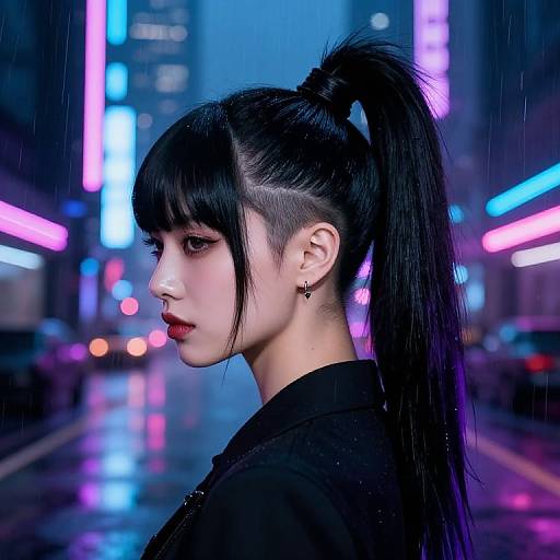 Neon-lit cyberpunk city night portrait of an Asian woman with black high-ponytail, undercut, red lipstick, and dark coat,