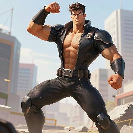 CGI anime-style muscular man with short black hair, flexing arm, wearing black unzipped vest, pants, and wristbands, in a