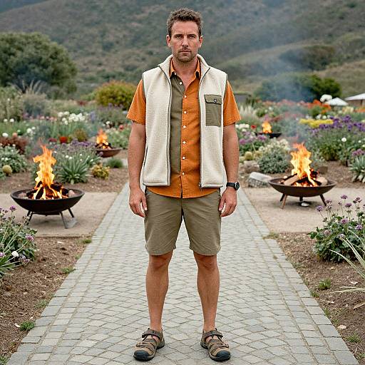 Photograph of a muscular, bearded man in an orange shirt, beige vest, khaki shorts, and sandals, standing on a stone path with
