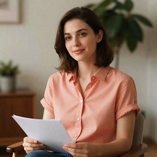 Cheerful Woman in Coral Shirt Portrait