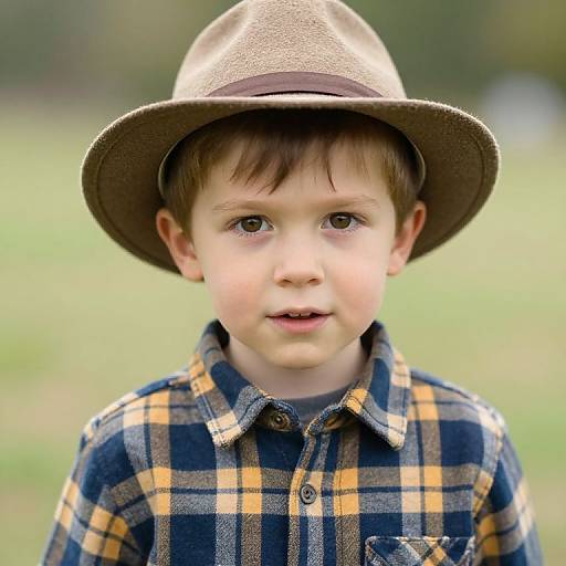 Young Boy with Hat and Plaid Shirt